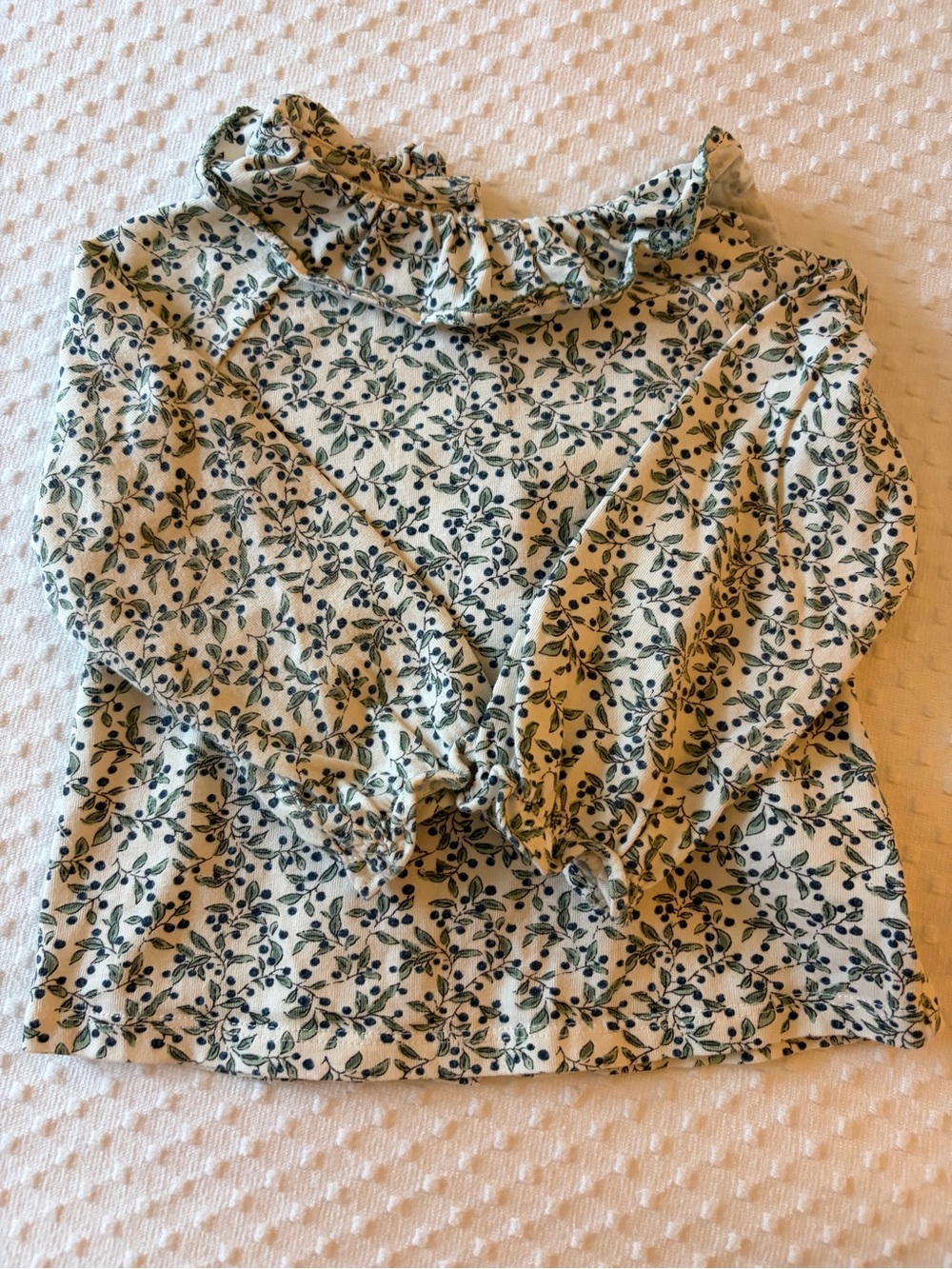 Cyrillus Botanical Ruffle Neck Top in Mint Green and Navy